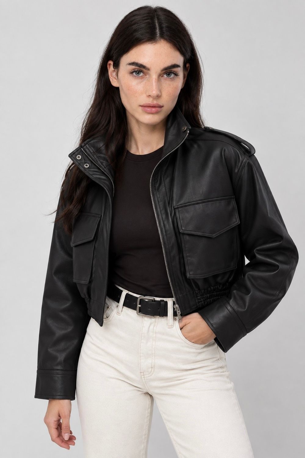 REF: 555 CHAQUETA ENRESORTADA EFECTO CUERO NEGRA