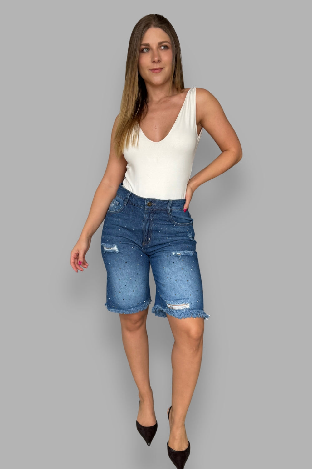 REF: 455 SHORT LARGO - BERMUDA DENIM BRILLO