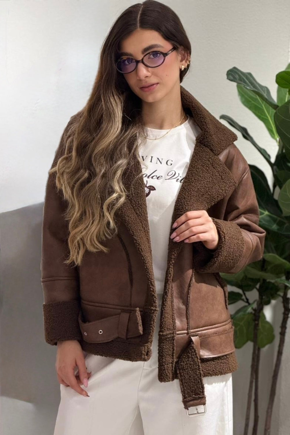 REF: 402 CHAQUETA CINTURON EFECTO CUERO OVEJERO CAFE