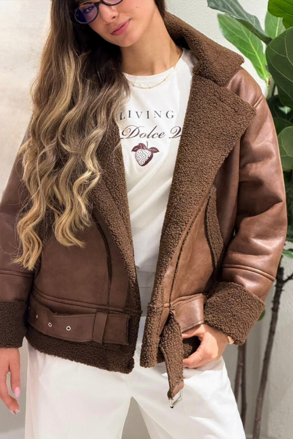 REF: 402 CHAQUETA CINTURON EFECTO CUERO OVEJERO CAFE