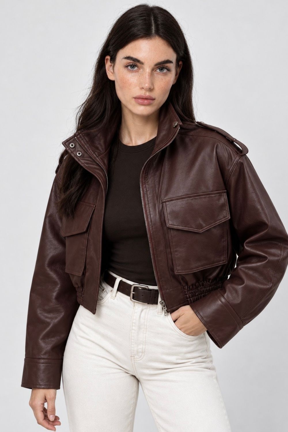 REF: 555 CHAQUETA ENRESORTADA EFECTO CUERO CHOCOLATE